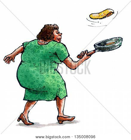Illustration of a woman baking pancakes. The pancake is thrown upwards.