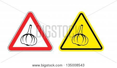 Warning sign garlic attention. Dangers yellow sign stench. Vegetables on red triangle. Set of road signs against unpleasant odor. Caution garlic