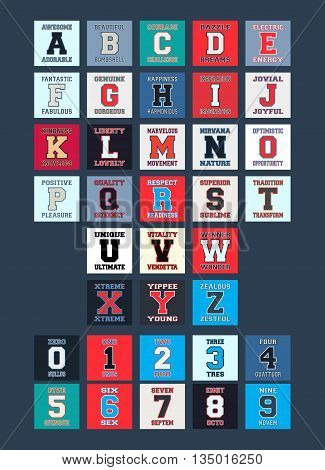 Letters and numbers for t-shirt prints design. Alphabet font with different words. Stamp and printing badge applique label for t-shirts jeans casual wear. Vector illustration