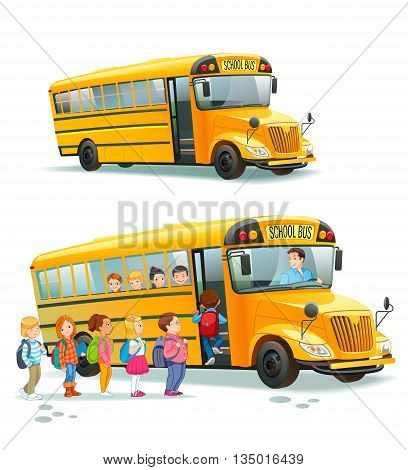 Children get on school bus.Transportation pupil or student transport and automobile. Vector illustration