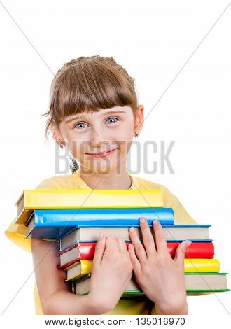 Cheerful Little Girl with the Books Isolated on the White Background