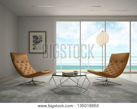 Interior modern design room with sea view 3D rendering