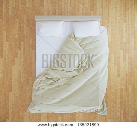 Top view of an unmade bed with beige blanket and white linens on brown wooden floor. 3D Rendering