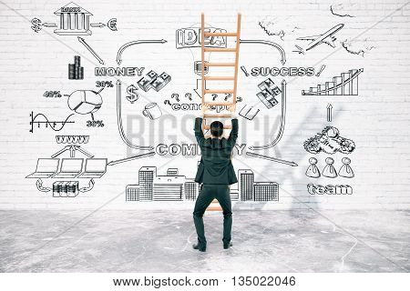 Business difficulties overcoming concept with businessperson pushing ladder to brick wall with business charts. 3D Rendering