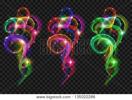 Set of translucent colored smokes with sparkles. Transparency only in vector file