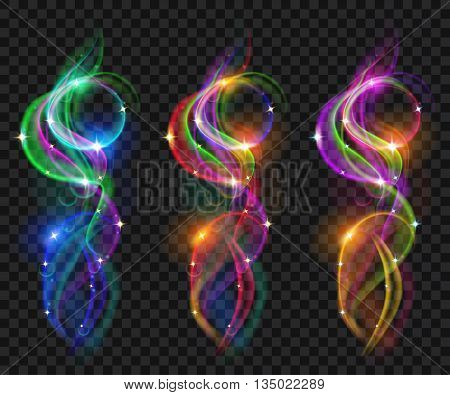 Set of translucent colored smokes with sparkles. Transparency only in vector file