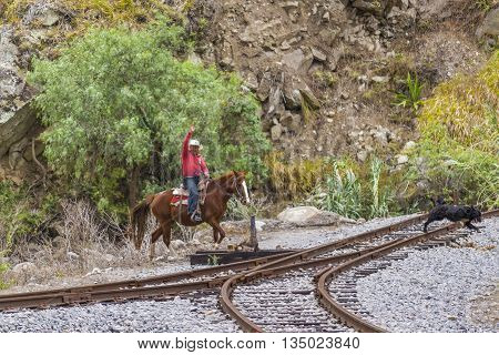 ALAUSI, ECUADOR, OCTOBER - 2015 - Latin cowbow riding a horse at nature landscape in the road of devil nose tour Aluasi Ecuador