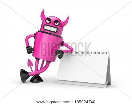 Pink devil with calendar. 3d illustration