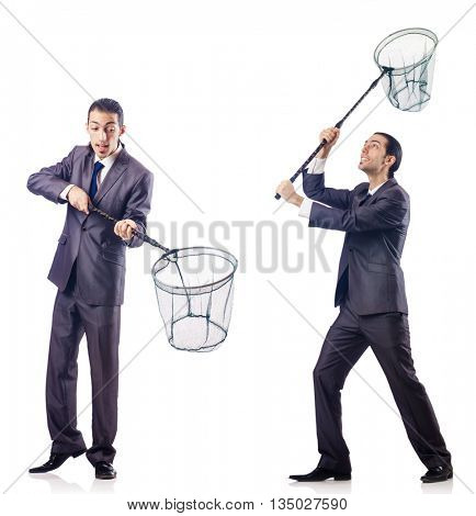 Colage of businessman with catching net on white