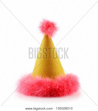 Funny birthday cap with pink fur isolated on white