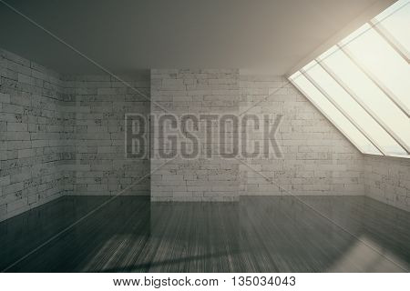 Empty loft interior with brick wall cocrete ceiling dark wooden floor and window.3D Rendering