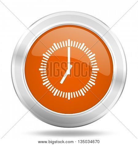 time vector icon, orange circle metallic chrome internet button, web and mobile app illustration