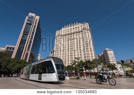 Rio de Janeiro, Brazil - June 13, 2016: New city tram VLT passing Maua Square. Recently inaugurated, it is the newest mode of public transportation, and is free of charge for the first weeks of use.