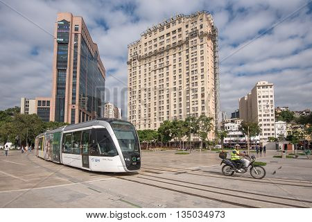 Rio de Janeiro, Brazil - June 13, 2016: New city tram VLT passing Maua Square. Recently inaugurated, it is the newest mode of public transportation, and is free of charge for the first weeks of use.