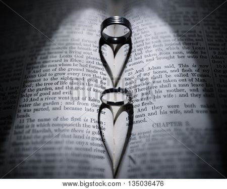 Wedding rings casting heart shaped shadow over Bible