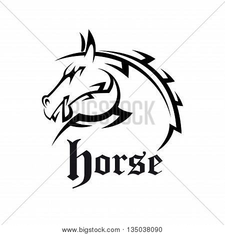 Arabian stallion head rounded icon for tattoo or sporting mascot design with sketch illustration of horse neighs with alert ears, decorated by tribal ornamental elements