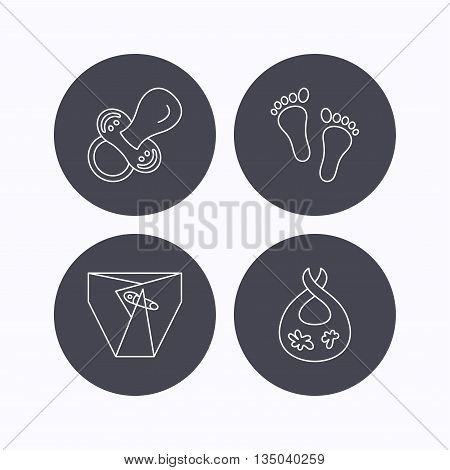 Pacifier, diapers and footprint icons. Dirty bib linear sign. Flat icons in circle buttons on white background. Vector