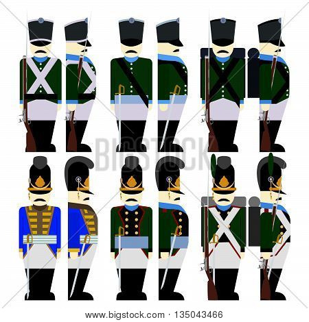 Soldiers of the army of Bavaria in uniform and weapons were used in the 1812 war. The illustration on a white background.