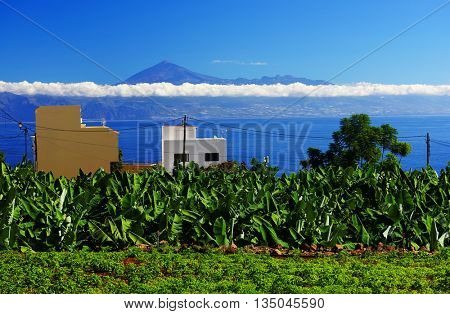Agulo and El Teide Volcano, La Gomera, Spain, Europe