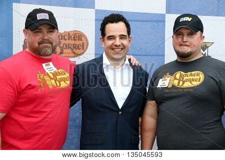 ARLINGTON, TX - APR 18:(L-R) William 'Spanky' Gibson, Christopher Ciavarra & Joe Washam at the Cracker Barrel Checkers Challenge at Globe Life Park in Arlington on April 18, 2015 in Arlington, Texas.
