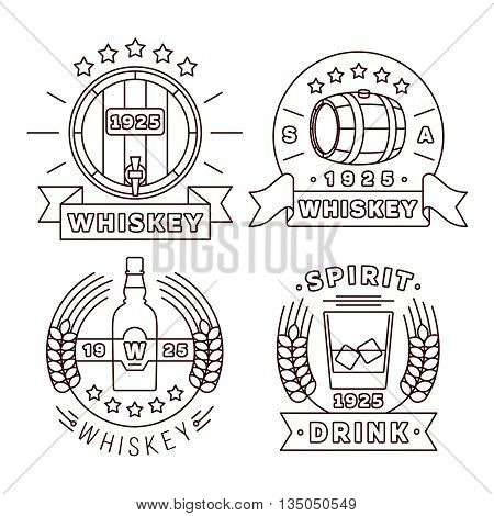 Illustration whisky logo set in thin line style. Vector whiskey alcohol drinks modern labels for pub and whiskey bar