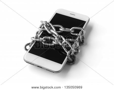 Black and white filter of mobile phone with chain locked isolate on white background with clipping path. Concept of social network issues forgot password information security robbery or piracy