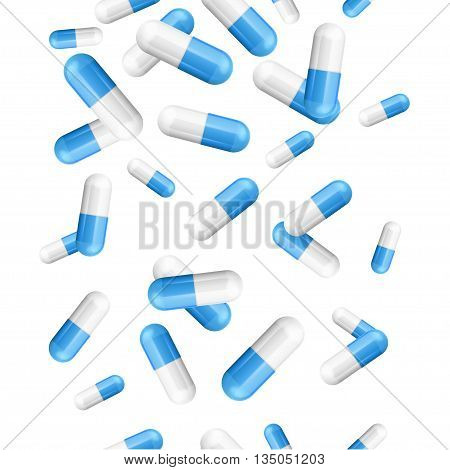 Falling Pills Capsules Medicine Background Pattern on White. Vector illustration