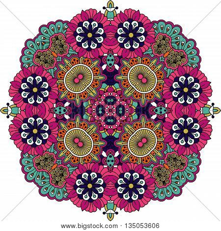 Ornate geometric symmetrical pattern with intricate detailed pink  blue and yellow floral shapes over white background