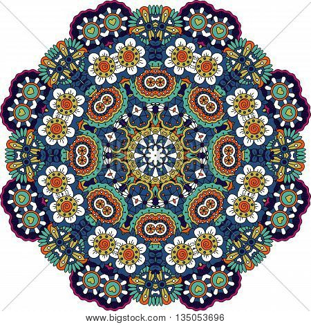 Symmetrical pattern with intricate blue  purple and green geometric detailed floral shapes and little yellow hearts over white background