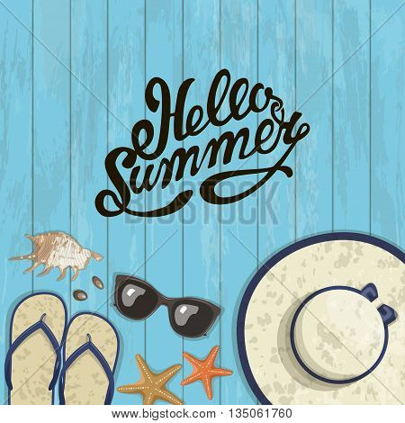 Banner summer composition of inscription, sunglasses, pair of flip-flops, starfish, shell and hat . Vector illustration