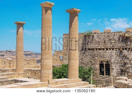 Ancient column in Acropolis of Lindos. Rhodes Dodecanese Islands Greece Europe