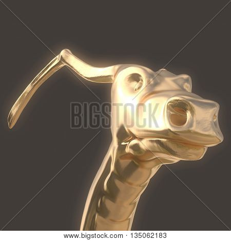 Head of golden dragon in half turn close up. With the glow on a dark background. 3D