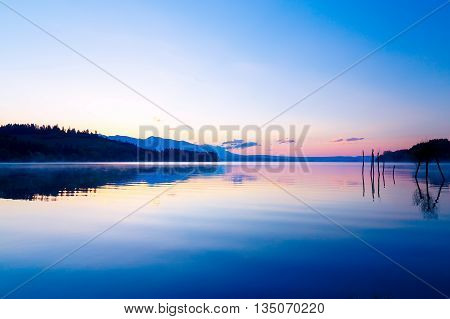 Beautiful Landscape With Mountains And Lake At Dawn In Golden, B