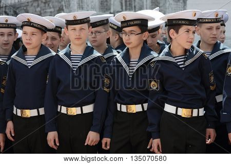 ST. PETERSBURG, RUSSIA - JUNE 4, 2016: Cadets of Nakhimov college in the opening ceremony of Nord Stream Race. Five teams compete in the race this year