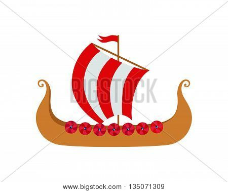 Drakkar - Viking's Ship in Nordic Sea. Wooden Knarre - Warships of Scandinavian Ancient Warriors. Vector Illustration isolated on white background.