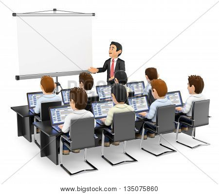 3d education people illustration. Teacher lecturing to students with laptops. Isolated white background.