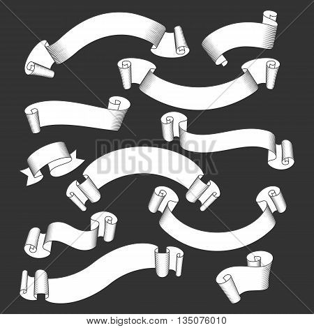 Vintage ribbon banners. Hand drawn white ribbons on a dark background. Stock vector for your design.