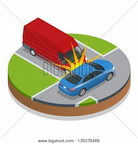 Car accident. Car crash. Flat 3d vector isometric illustration. Accident road situation danger car crash and accident road collision safety emergency transport. Accident dangerous speed