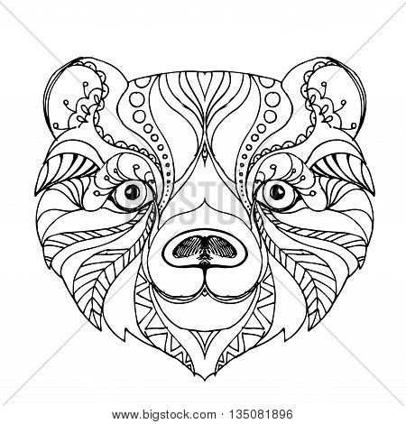 hand drawn ink doodle bea on white . Coloring page - zendala, design for adults, poster, print, t-shirt, invitation, banners, flyers.