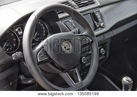 Wroclaw, Poland, May 28, 2016: Close Up On Skoda Fabia Sterring Wheel On Motoshow On May 28, 2016 In