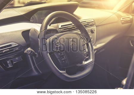 Wroclaw, Poland, May 28, 2016: Close Up On Citroen C4 Picasso Sterring Wheel On Motoshow On May 28,