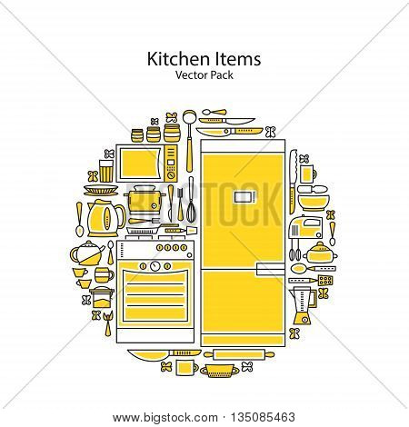 Set of line icons featuring various kitchen utensils and cooking related objects. Kitchen outline icons set. Vector Illustration.