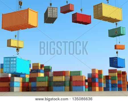 Cargo containers in storage area with forklifts. Delivery  or shipping background concept. 3d illustration