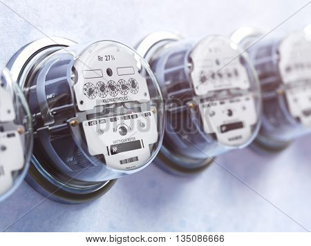Row of analog electric meters. Electricity consumption concept. 3d illustration