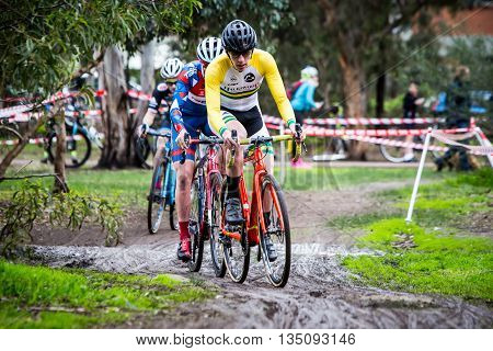 MELBOURNE, AUSTRALIA - JUNE 20: Competitors compete in Rnd 1 of the Dirty Deeds Cyclocross Series 2016