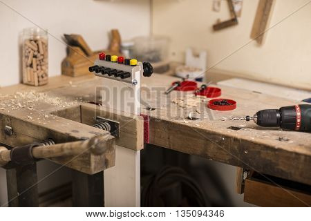 Carpenter's bench / desk with drill and tools