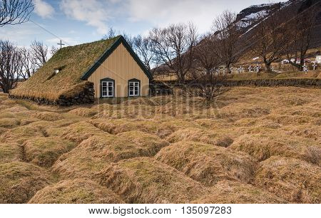Famous Hofskirkja turf church at Hof place in Southeast Iceland