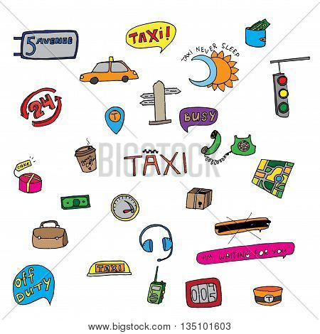 Taxi transportation set. Hand drawn vector stock illustration.