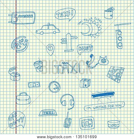Taxi transportation set. Hand drawn vector stock illustration. Sheet ballpen drawing