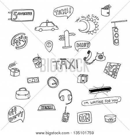 Taxi transportation set. Hand drawn vector stock illustration. Black and white whiteboard drawing